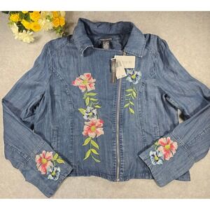 NWT Chelsea & Theodore Women Size 12 Embroidered Floral Blue Tencel Top